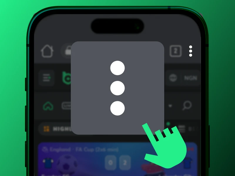 Three vertical dots menu highlighted in top-right corner of mobile browser for BC.Game Nigeria