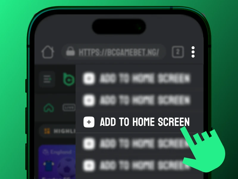 Dropdown menu showing Add to Home Screen option for BC.Game Nigeria app installation