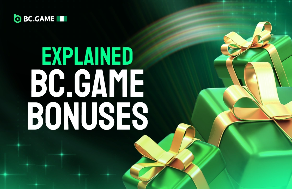 Three green gift boxes symbolizing BC.Game Nigeria bonuses and promotional rewards