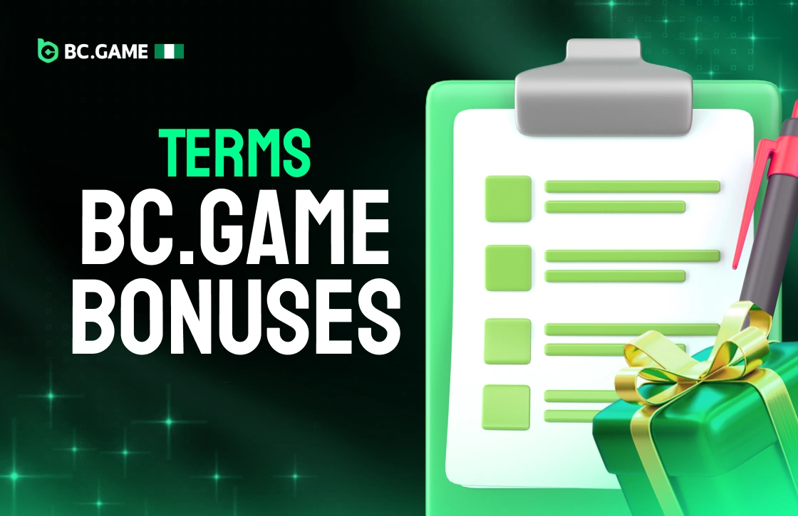 3D tablet icon with terms list and green gift box representing BC.Game Nigeria bonus rules and conditions