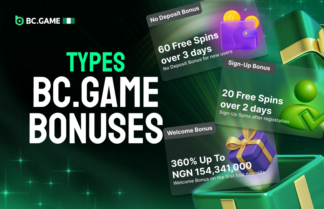 Open green gift box releasing cards showing BC.Game Nigeria bonus types like welcome and sign-up bonuses