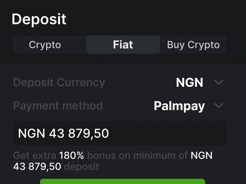 BC.Game Nigeria deposit screen showing currency and payment method options like Palmpay, bank transfer, cryptocurrency