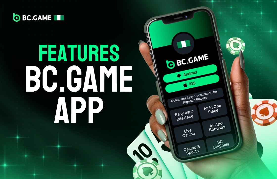 Hand holding smartphone with BC.Game app features for Nigerian players like live casino, BC Originals, and in-app bonuses