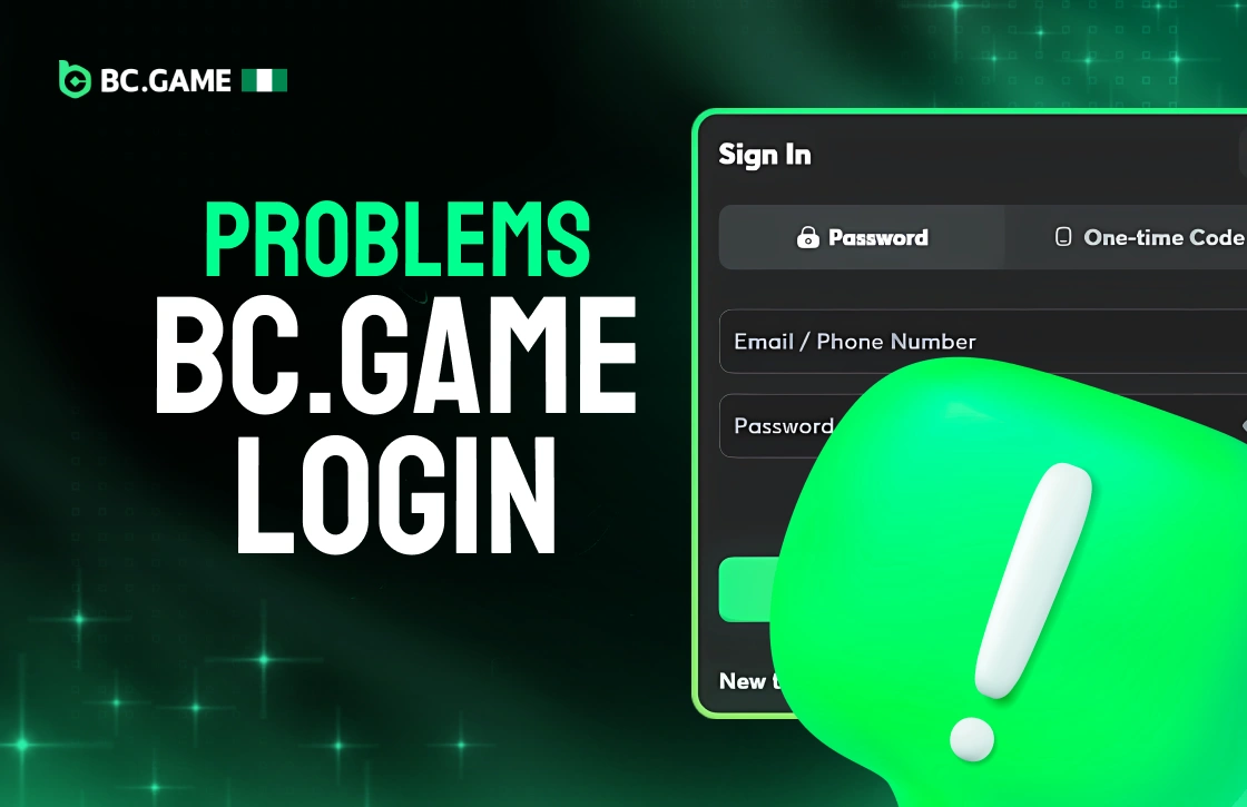 BC.Game Nigeria login page screenshot with alert cloud showing possible login problems