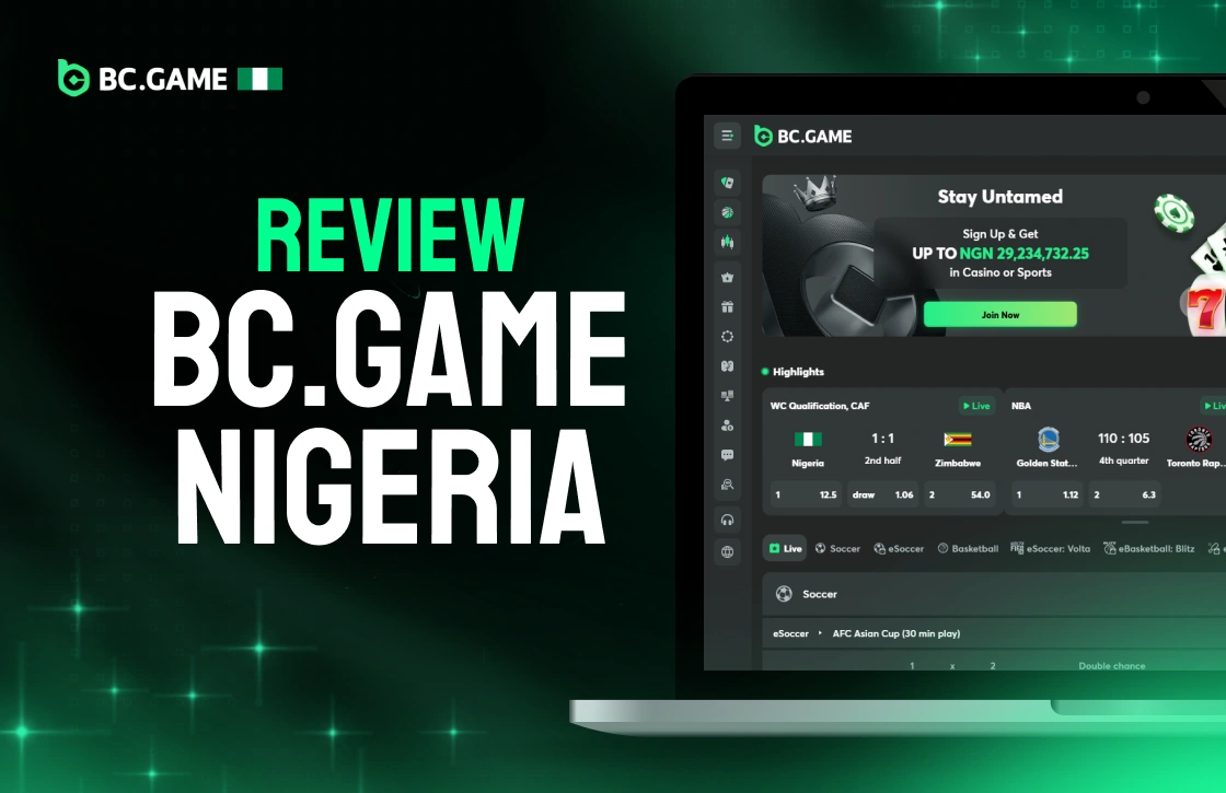 Laptop screen displaying official BC.Game Nigeria website for detailed platform review