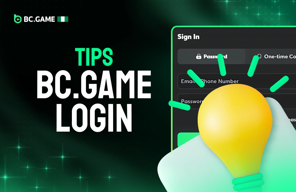 BC.Game Nigeria login form screenshot with 3D light bulb icon representing login tips