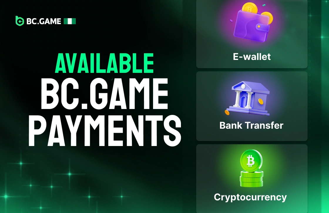 Transparent cards showing BC.Game Nigeria payment methods including e-wallet, bank transfer, and cryptocurrency