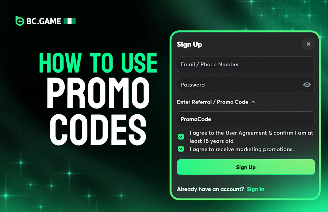 BC.Game Nigeria registration form screenshot demonstrating how to use promo code field