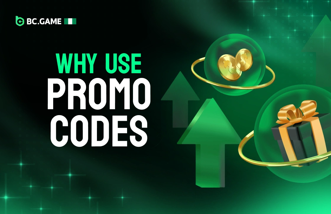 Green upward arrows, coins, and gift box illustrating benefits of using BC.Game Nigeria promo codes