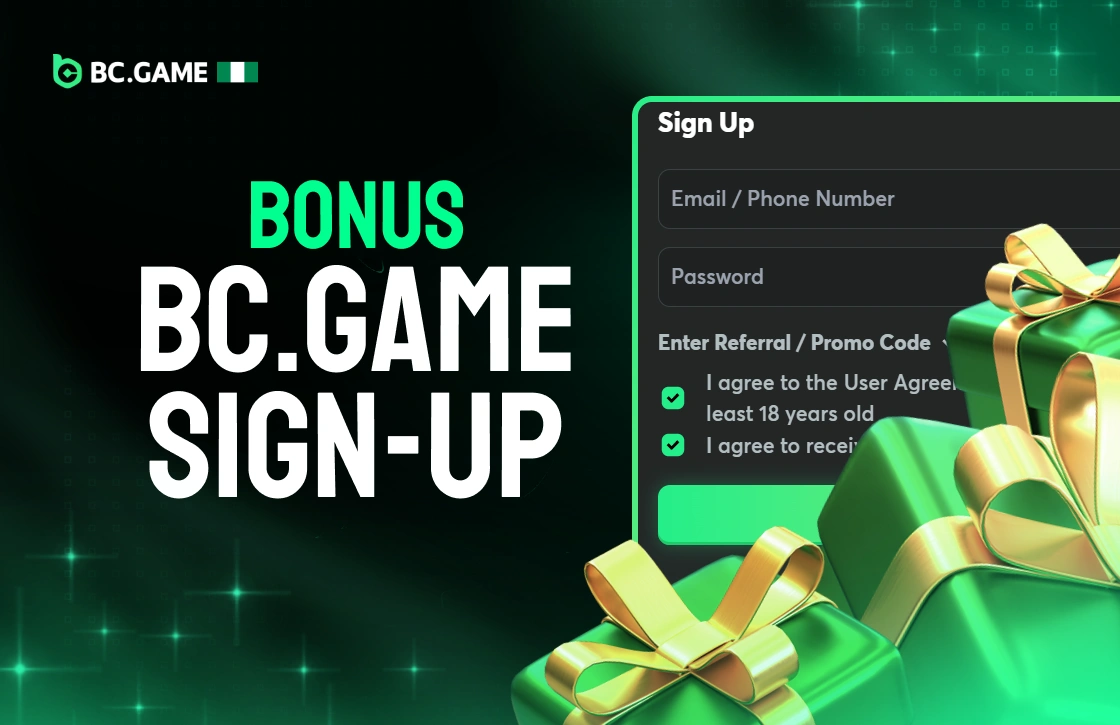 BC.Game Nigeria registration form with three green gift boxes representing sign-up bonus