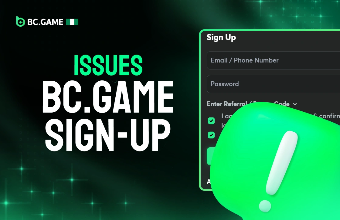 BC.Game Nigeria registration form screenshot with alert cloud symbolizing registration issues