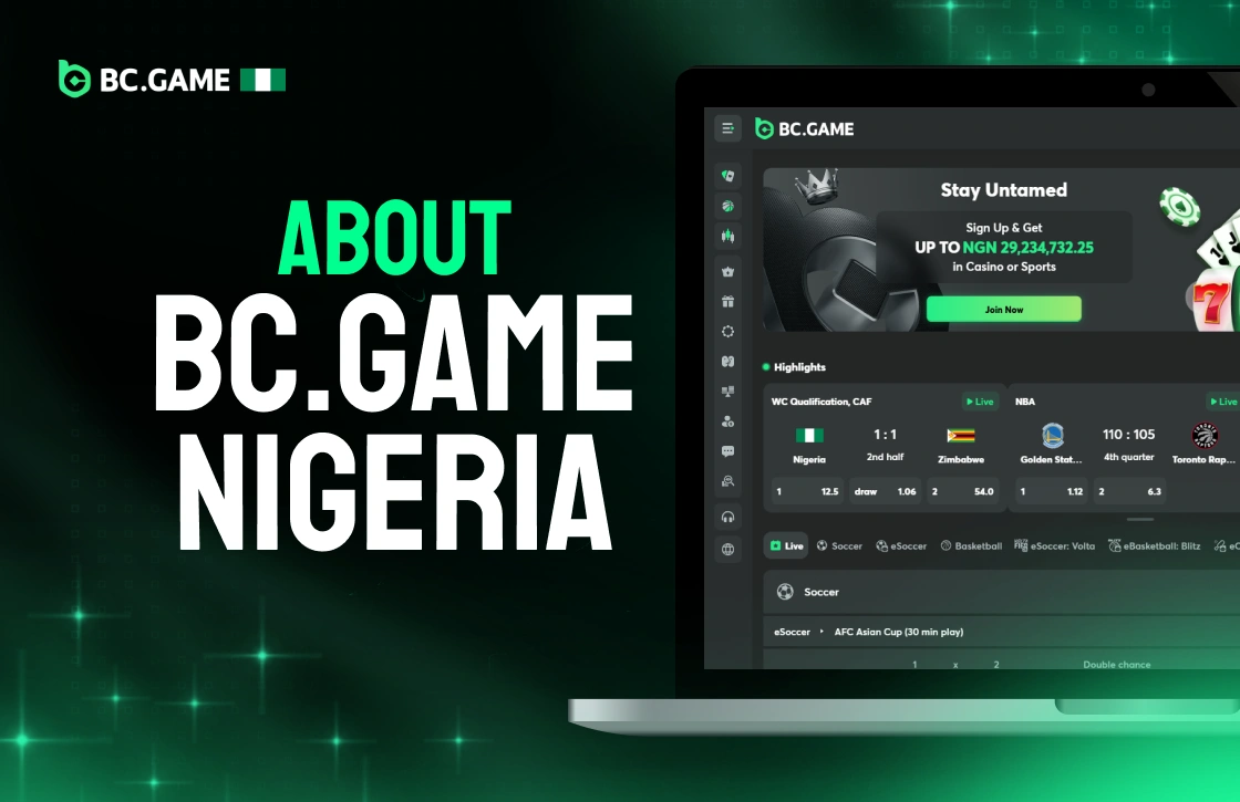 Laptop showing official BC.Game Nigeria homepage on glowing green gradient background