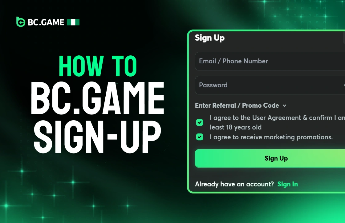 Screenshot of BC.Game Nigeria registration form illustrating how to sign up