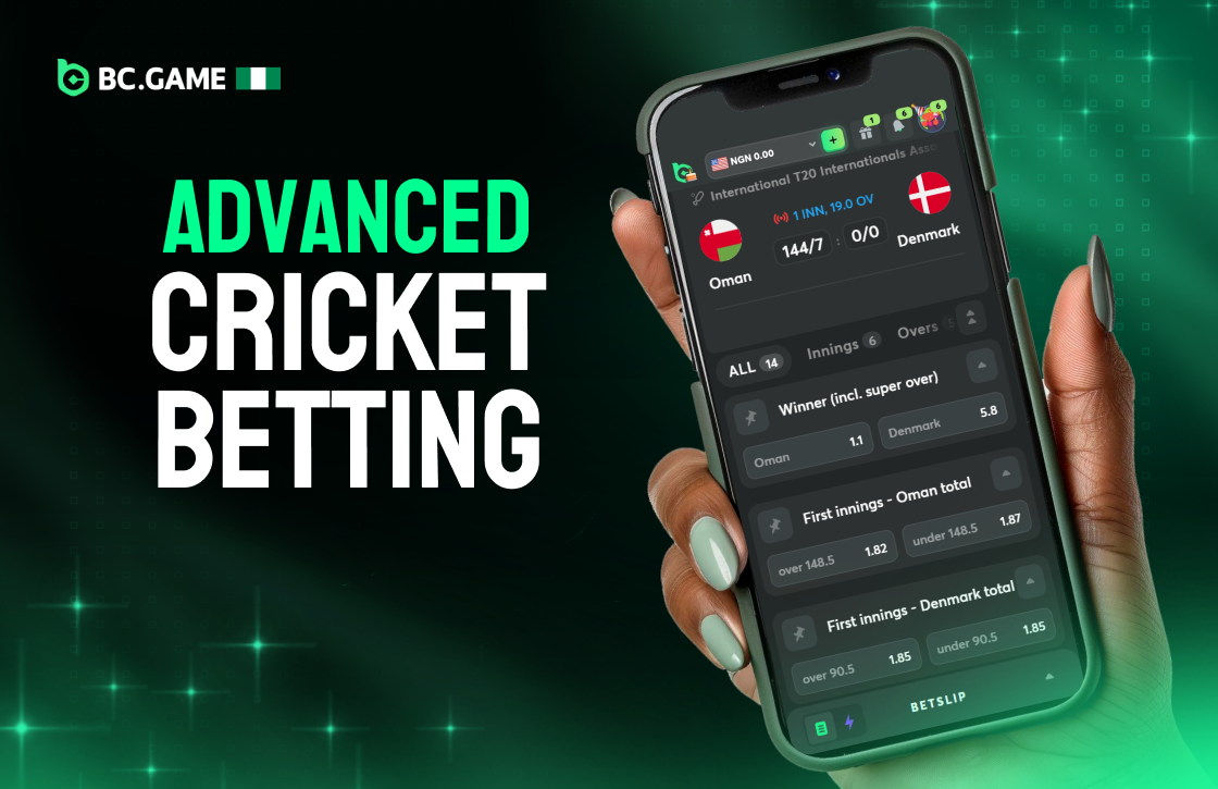 Advanced Cricket Betting card showing smartphone with betting interface in hand, green casino online background