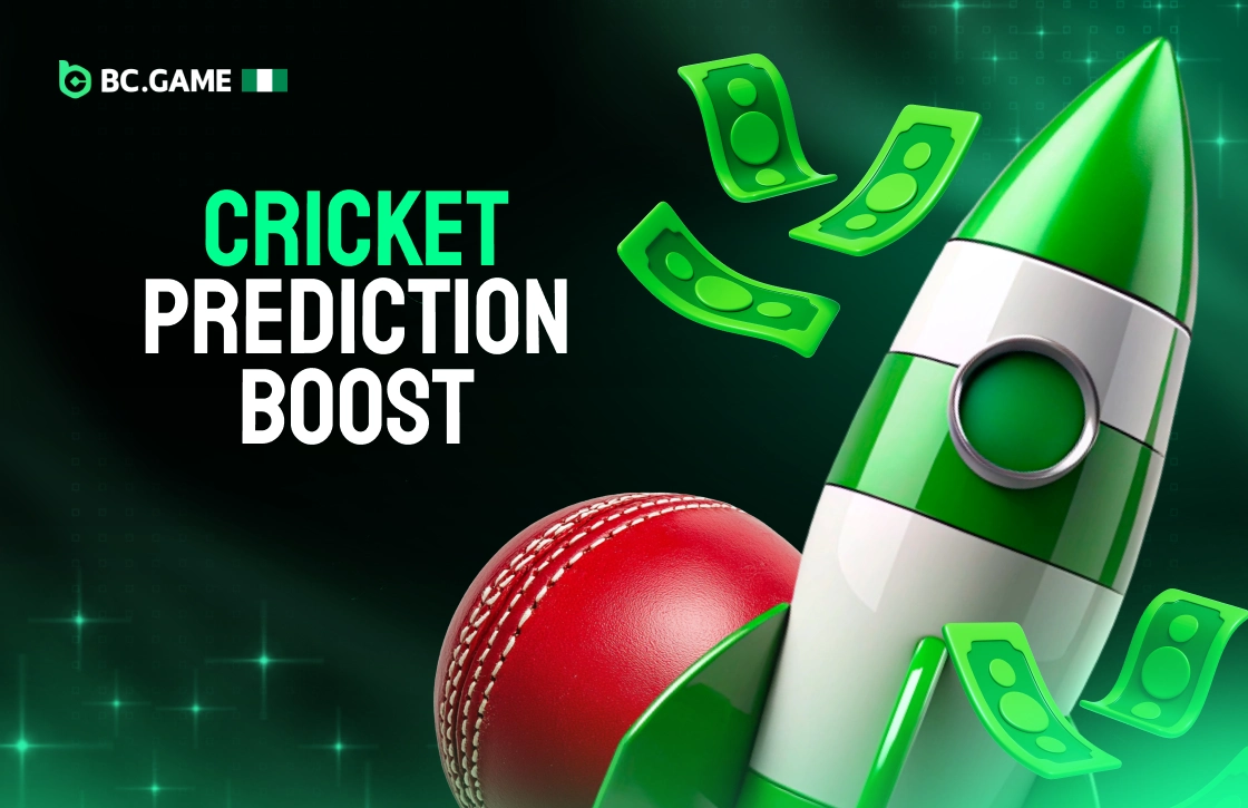 Cricket Prediction Boost card with green rocket, cricket ball, flying money icons on dark green background