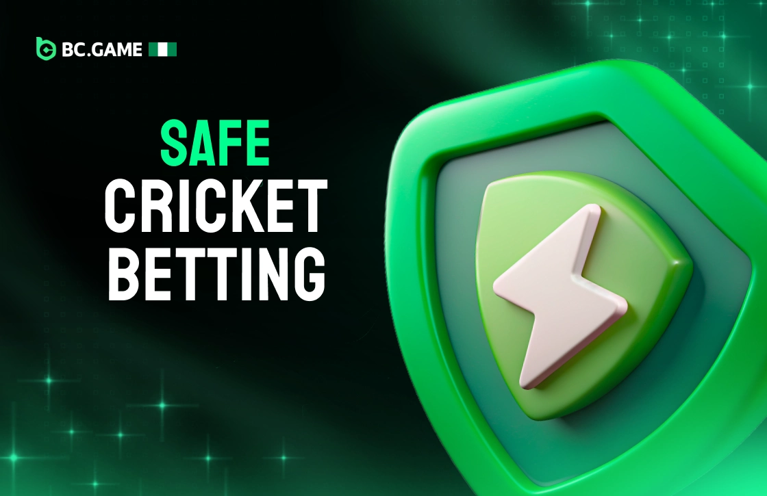 Safe Cricket Betting card with green shield and lightning icon, minimal design on green background, BC.Game