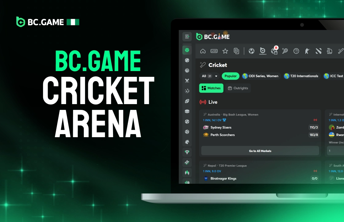 BC.Game Cricket Arena card with laptop showing cricket betting interface on dark screen, green highlights