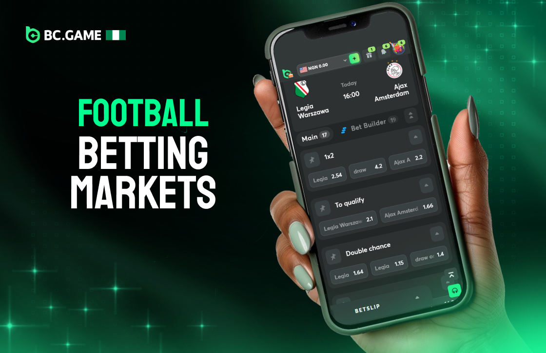 Football Betting Markets card showing smartphone with betting odds interface, hand holding device, green theme