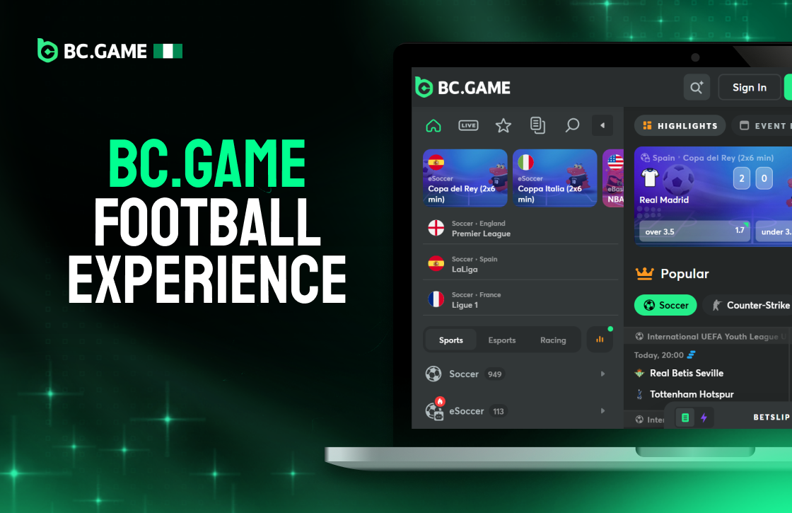 BC.Game Football Experience card with laptop displaying sports betting dashboard on dark screen, green glow