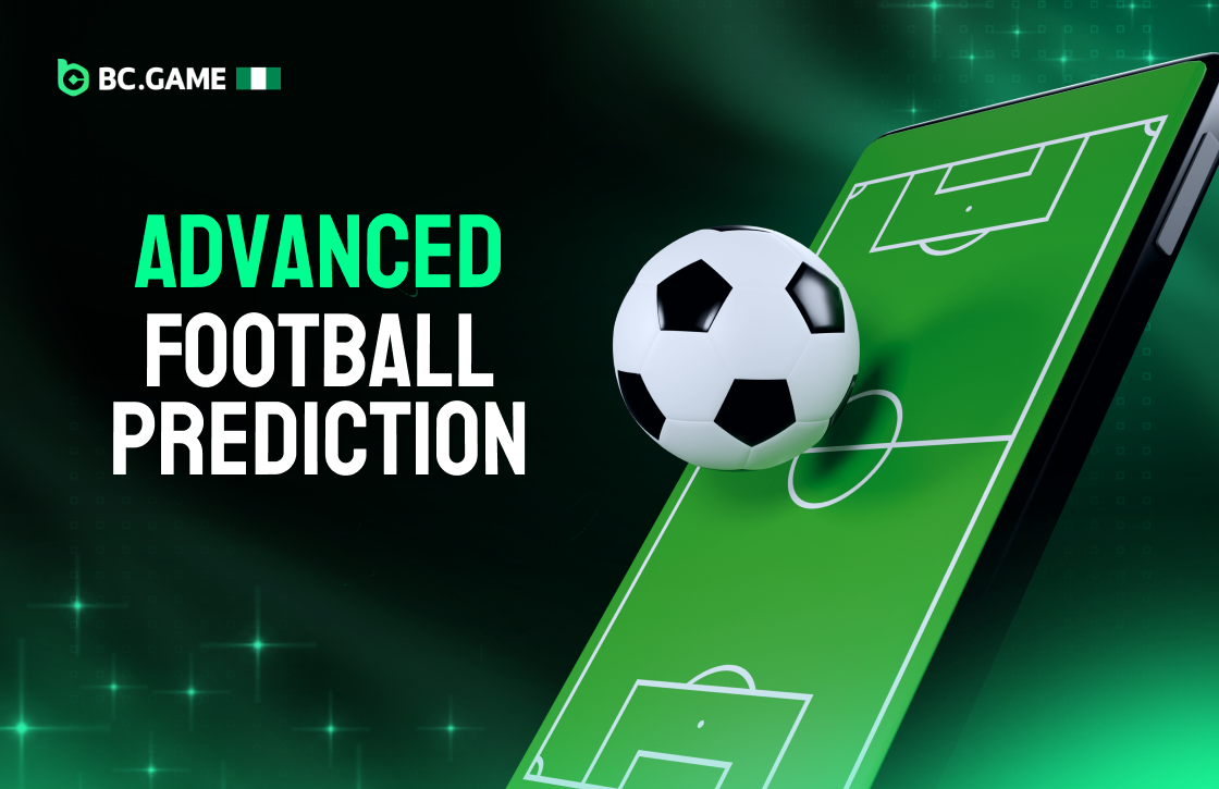 Advanced Football Prediction card with smartphone, football field graphic, soccer ball icon, green background