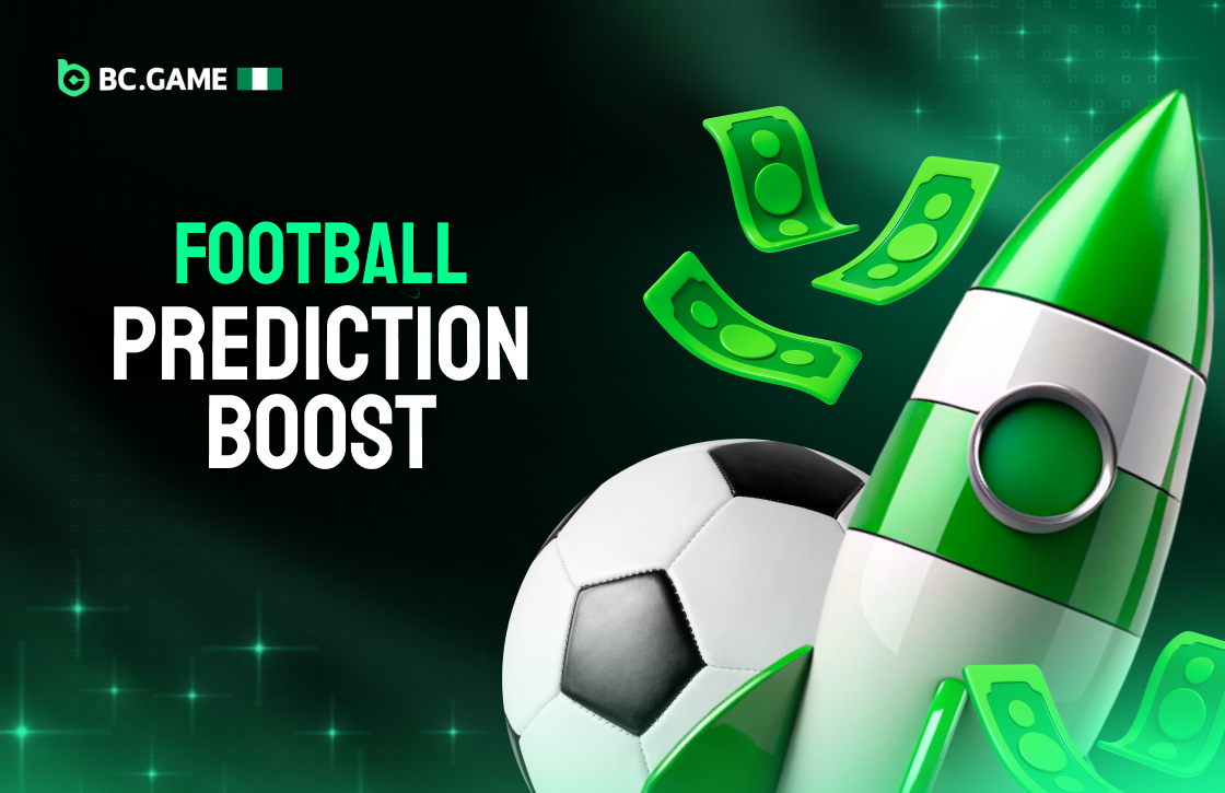 Football Prediction Boost card with green rocket, soccer ball, flying money icons on dark green background
