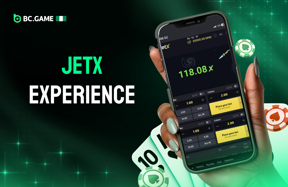 Mobile App JetX card showing smartphone with JetX betting interface in hand, green background, BC.Game