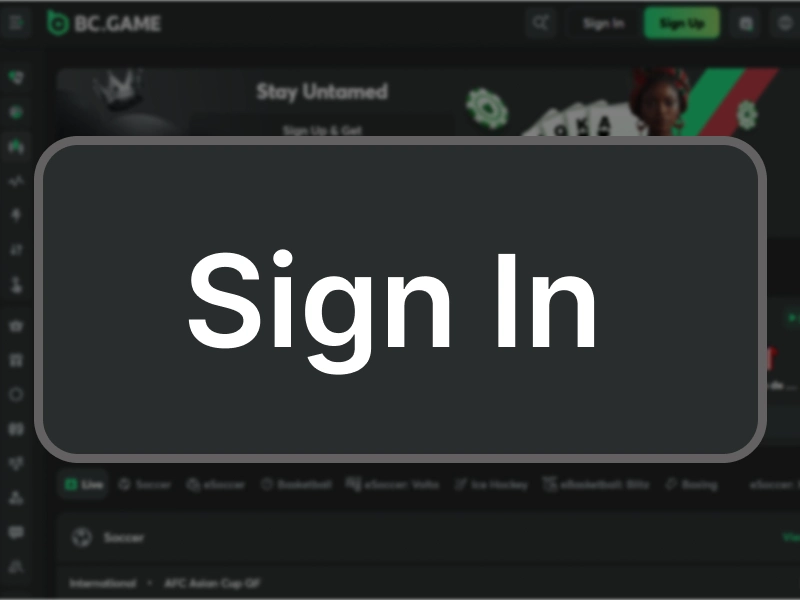 BC.Game interface with dark theme showing Sign In overlay button on casino online dashboard background