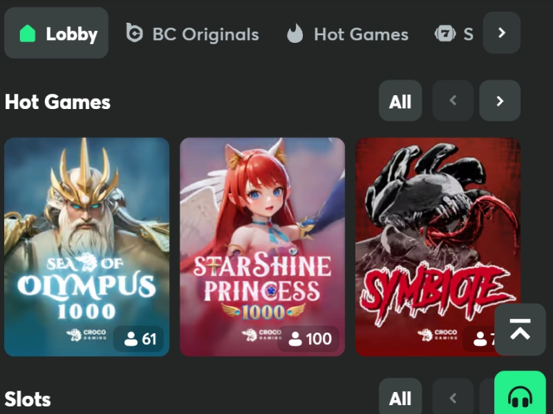 BC.Game lobby screen with Hot Games section showing slot game tiles, dark UI, navigation menu on left
