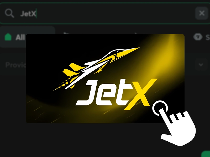 JetX game tile on BC.Game with yellow logo on black background, white hand cursor clicking the JetX icon