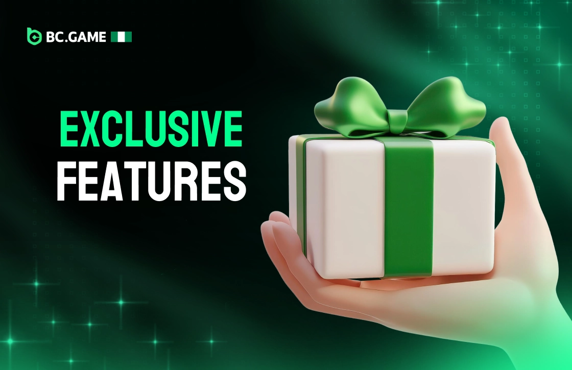 BC.Game banner with Exclusive Features text, hand holding white gift box with green ribbon on dark green casino online background