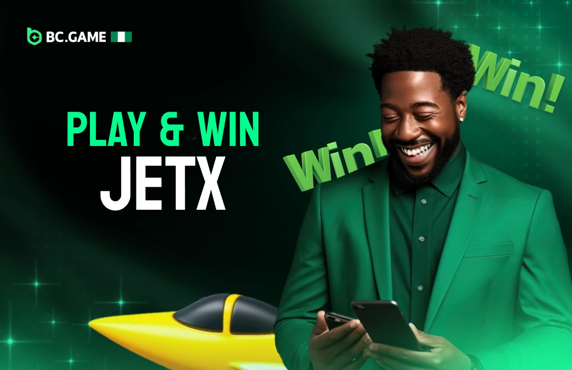 Play & Win JetX banner with smiling man in green suit holding phone, yellow jet graphic, BC.Game branding