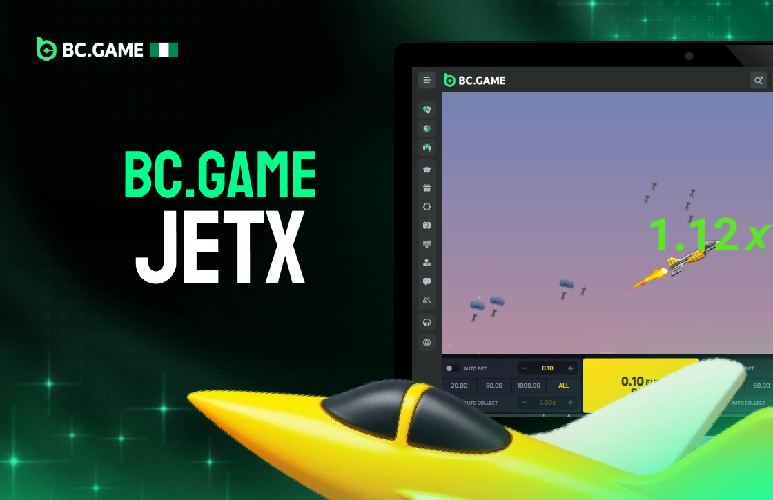 BC.Game JetX promo card with yellow jet airplane and game screen showing 1.12x multiplier on dark display